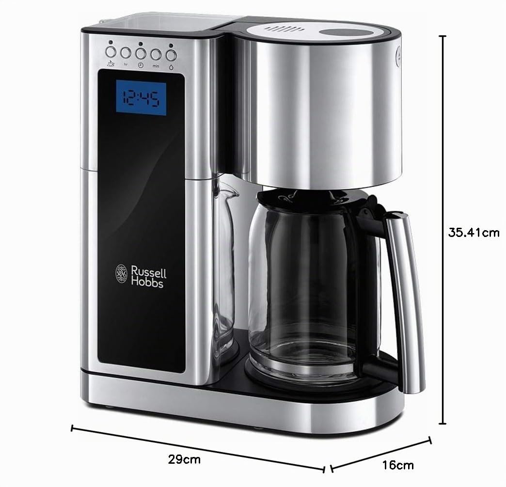 Russell Hobbs Cafetera de Goteo Elegance - Diseño de Cristal, Capacidad de 1,25L, Soporte de Filtro Extraíble, Tecnología Rociado Avanzada, Programable, Función Autolimpieza, Plata y Negro - 23370-56