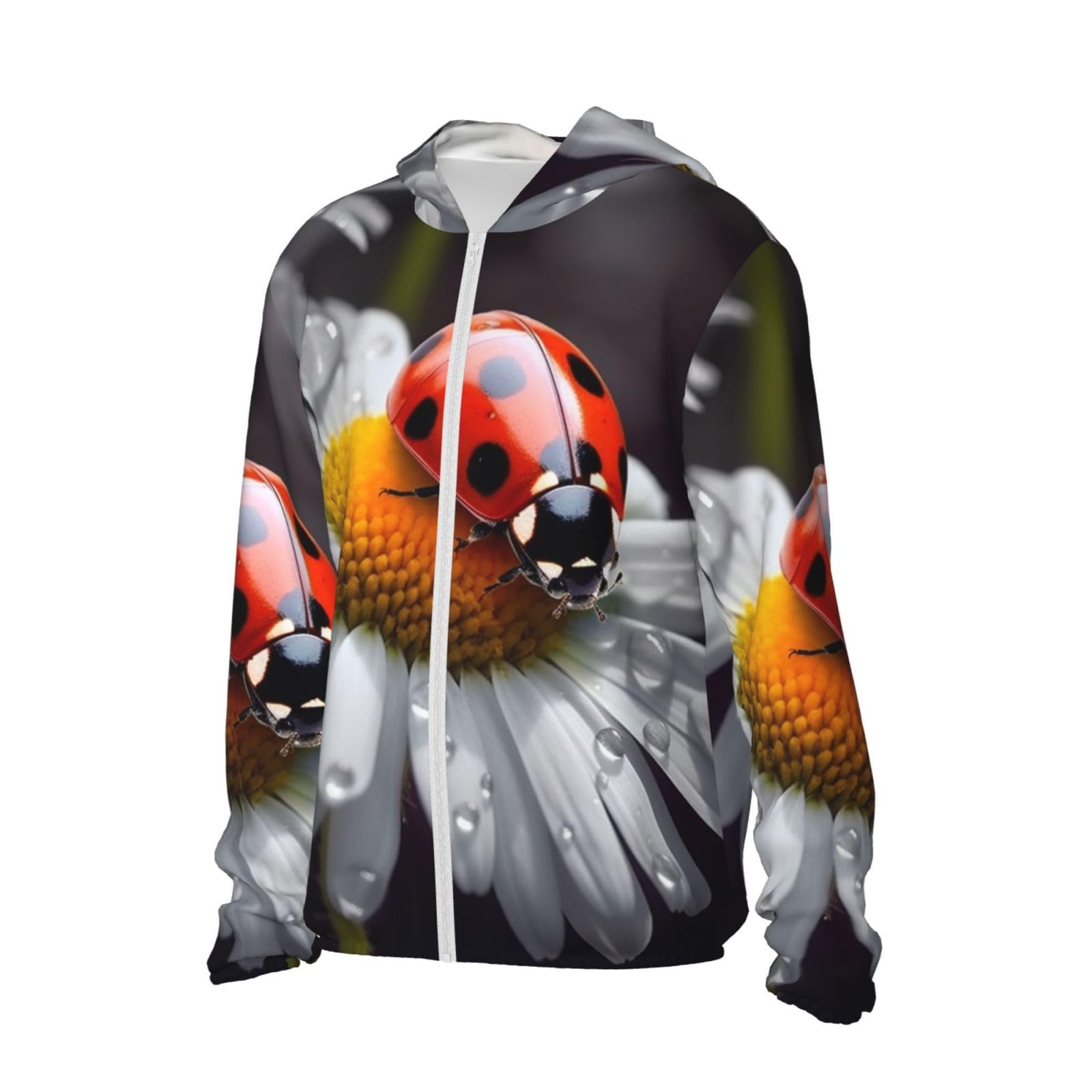UPF 50+ Light Jacket Full Zip Sun Protection Hoodie for Women Men Long Sleeve Ladybug on Daisy Flower Sun Shirts