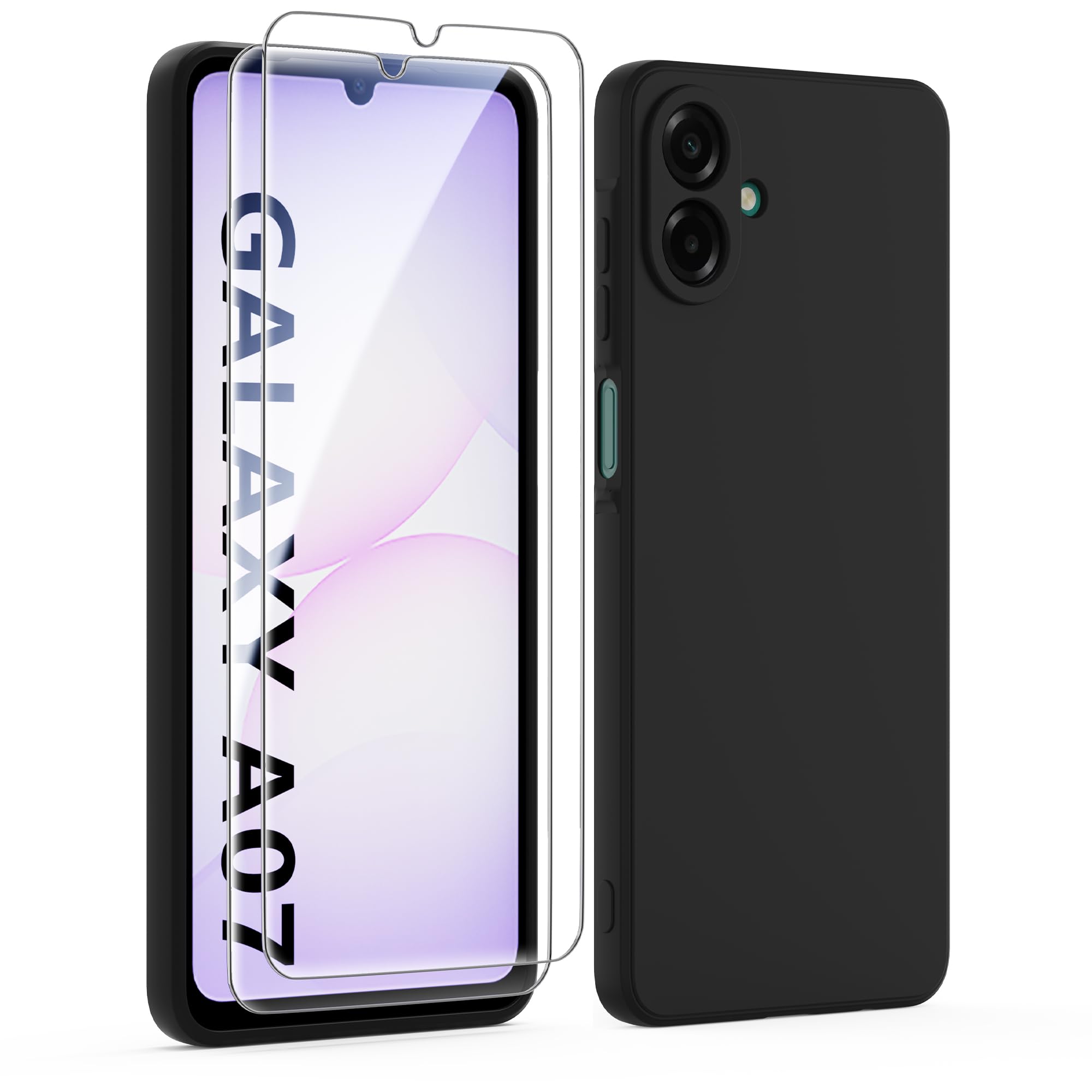 Silicone Case for Samsung Galaxy A07 4G Case with 2 Pieces Tempered Glass,Soft Ultra-Thin TPU Pastel Color Phone Shockproof Case Cover - Black