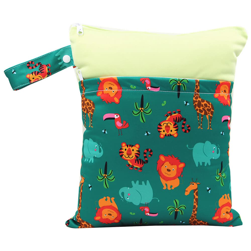 Treer Dry Wet Bag Baby Nappy Organizer Bag Large Double Zipper Reusable Waterproof Cute Animals Print Baby Carriage Hanging Bag, for Soiled Baby Items or Wet Clothes Storage (Green Zoo) — image 1