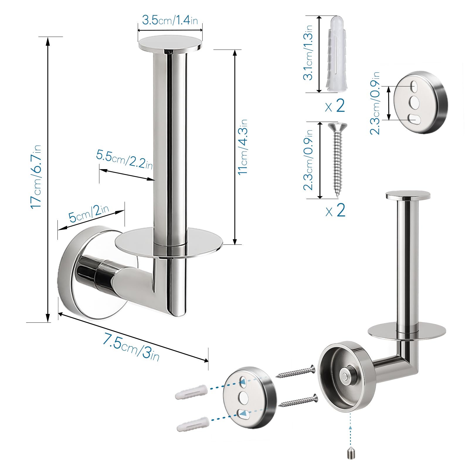 Set Premium 4 Piezas Acero Inoxidable 304 para Baño - Portarrollos, Toallero, Anillo & Gancho Doble (Montaje con Taladro, 15kg Capacidad) - Cromo Espejo para Hogar & Hotel
