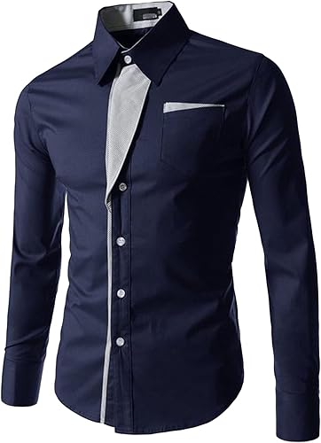 Camisa decorativa a rayas de contraste de moda para hombre, camisa de manga larga de algodón casual con cuello a cuadros