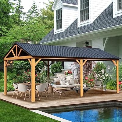 Domi 12' x 20' Hardtop Gazebo with Galvanized Steel Gable Roof, Pergola with Wood-looking Aluminum Frame, Permanent Pavilion Outdoor Gazebo with Ceiling Hook for Deck Patio Lawn Yard Backyard Grill