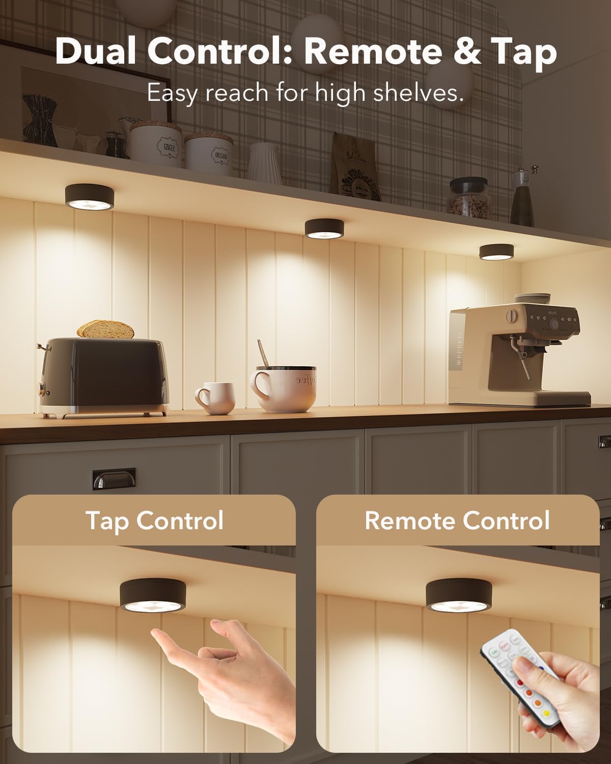 Display shelves illuminated with 12 different RGB vivid colors from the puck lights.