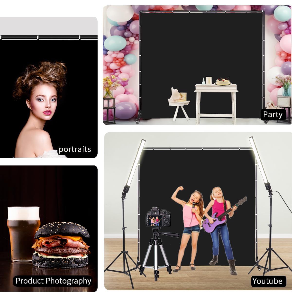 Supporto per sfondo mobile a 360° con ruote, sfondo nero pieghevole antiriflesso per fotografia di prodotti, fotografia di ritratti, feste, riprese in studio, produzione video (2,1 x 1,8 m)