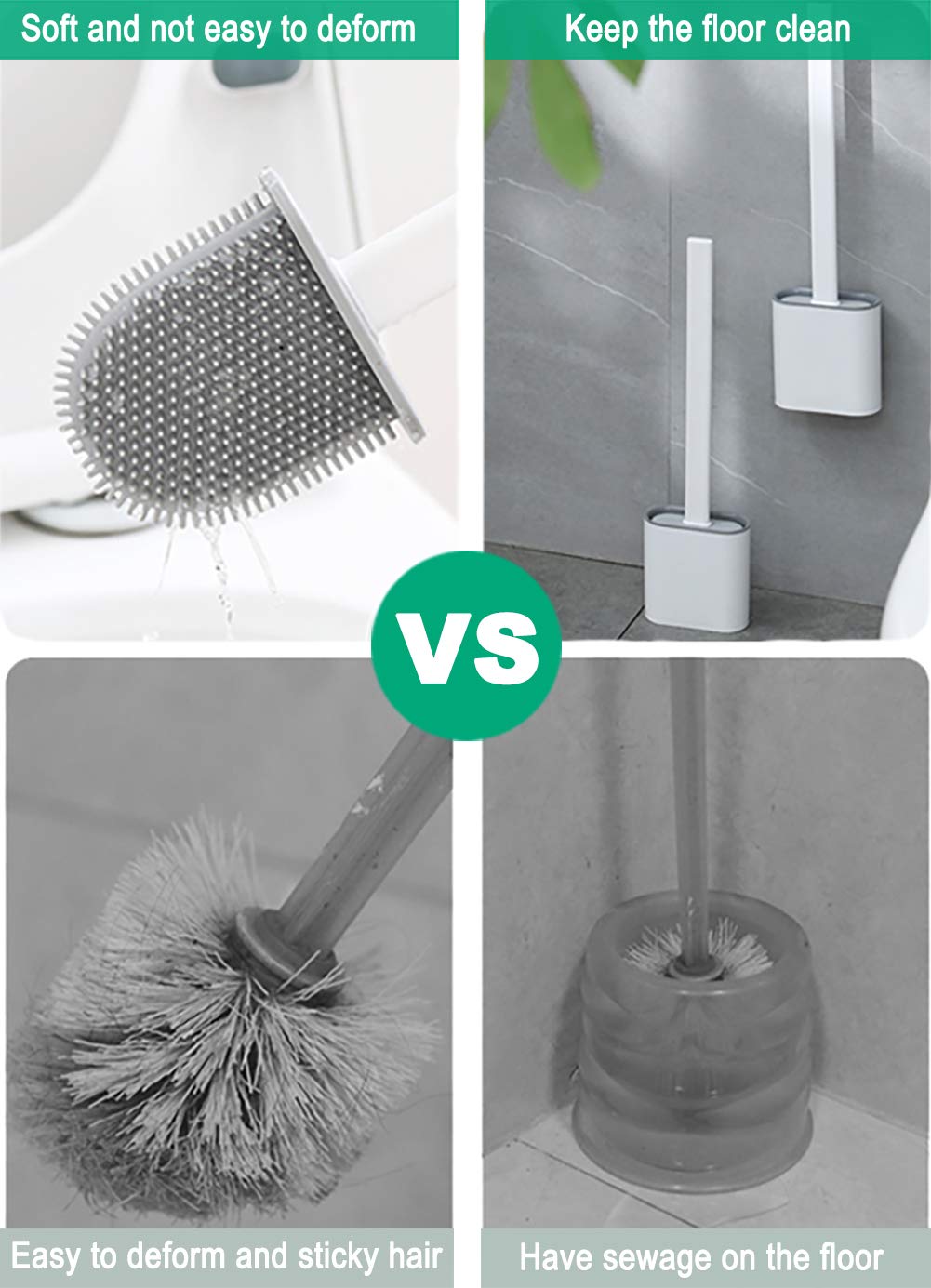 Fowooyeen Scopino WC Silicone, Spazzolone Bagno WC in Acciaio Inox, Spazzola Bagno Autopulente a Manico Lungo con Supporto, Set di Scopettino, Montaggio a Parete/in Piedi, Bianco, 2 Pezzi