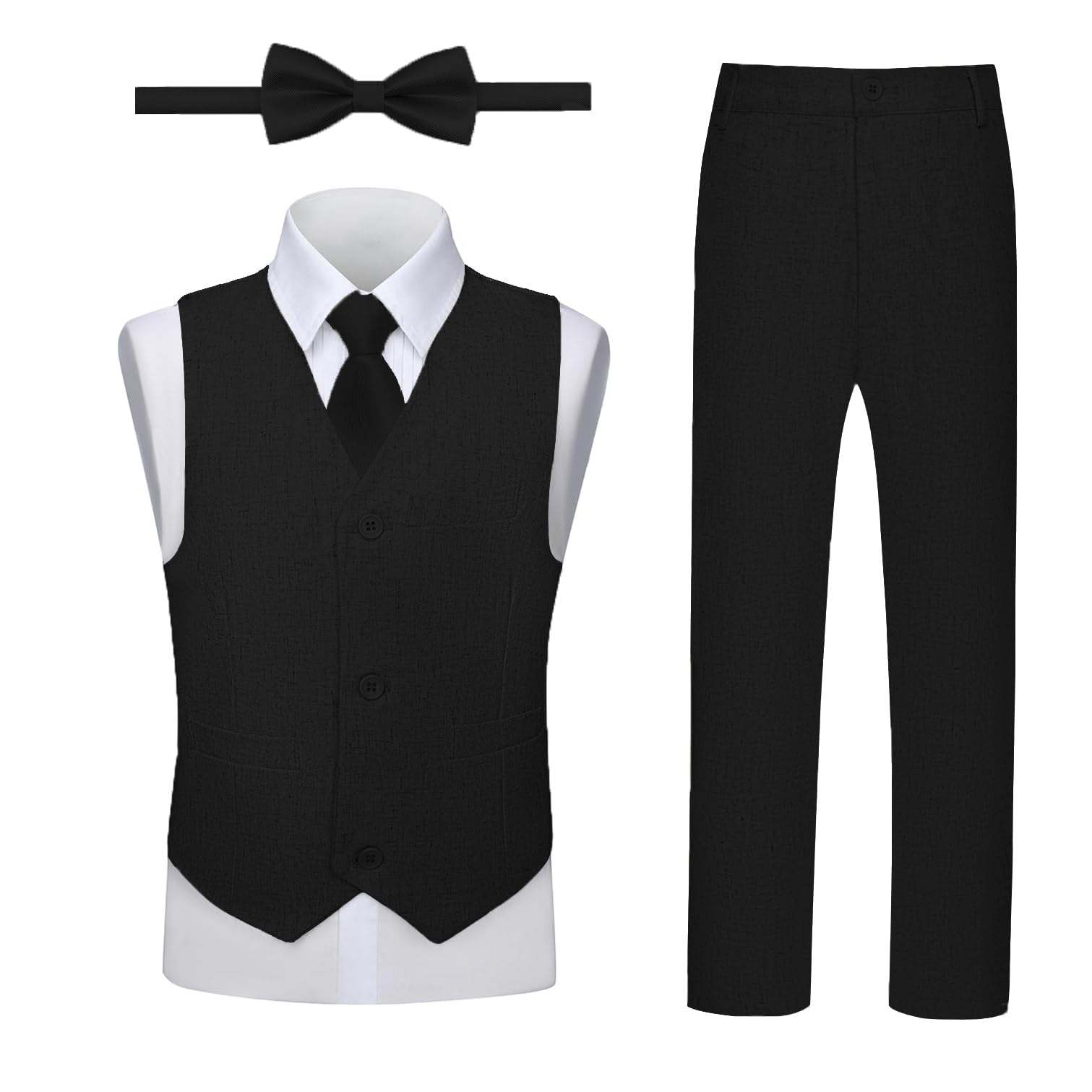 Photo 1 of Boy's Black Linen Suit for Kids Wedding Prom Summer Suits Ring Bearer Outfit Big Boys Tuxedos Vest and Pants Set Size 10