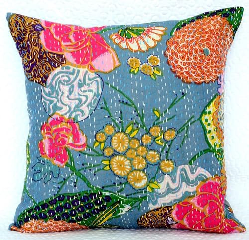 Image of Cotton Kantha Cushion Cover - Hand Stitched Embroidery Decorative Printed Pillow Cover Square Shape Indian 16X16 Inches Boho Cushion-08 (5)