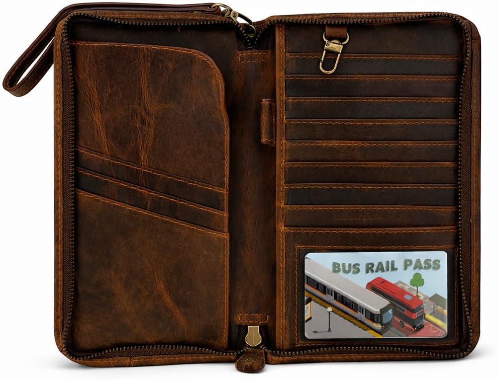 Brown Leather Family Passport Holder - Travel Document Organizer Wallet with Card Slots ID Window Zipper Closure for Multi Passport Storage Travel Use, 5 x 9