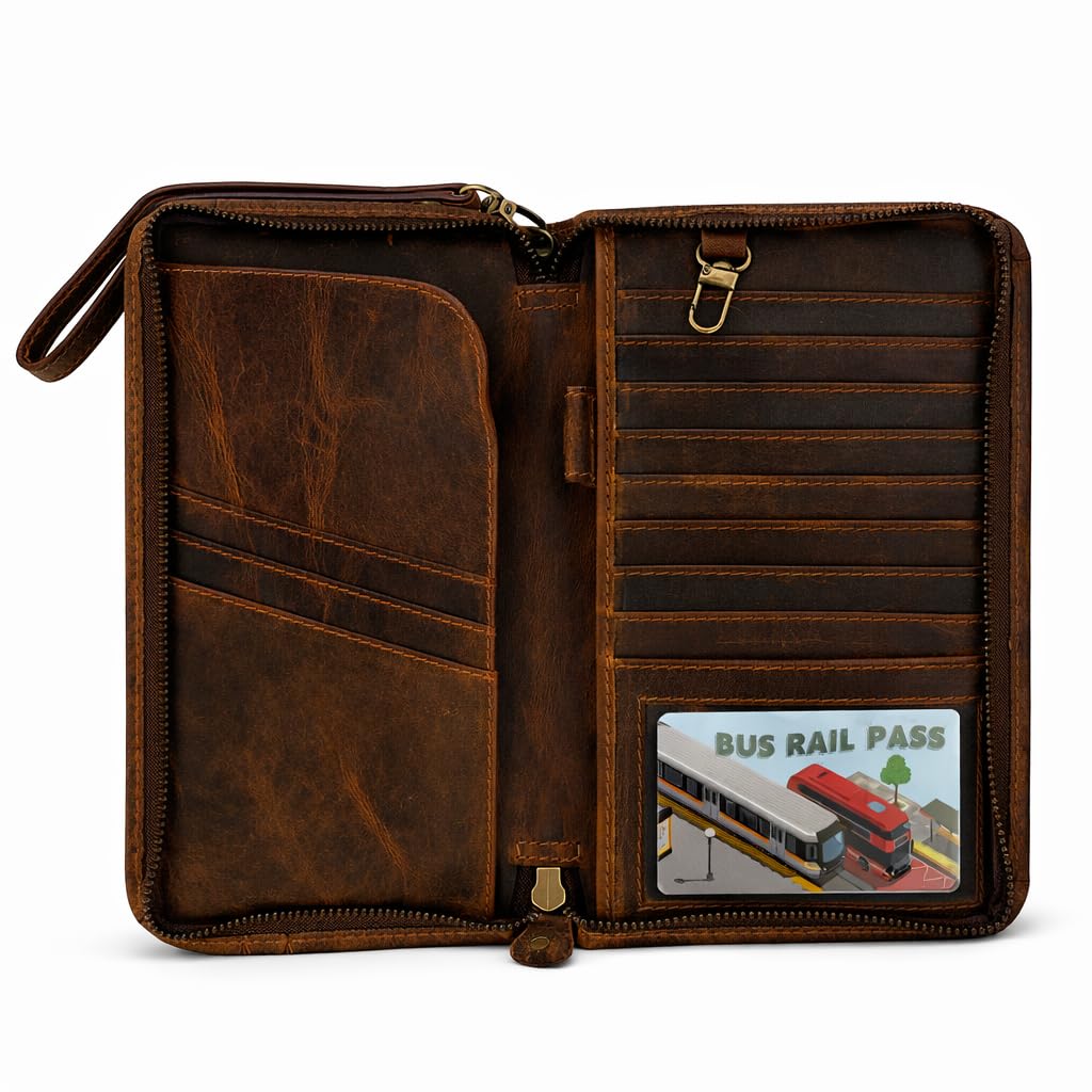 TheAntiq Porta passaporto in pelle, organizer per documenti da viaggio con scomparti per carte di credito, Porta passaporto famiglia in pelle marrone, Standard, Porta passaporto in vera pelle marrone