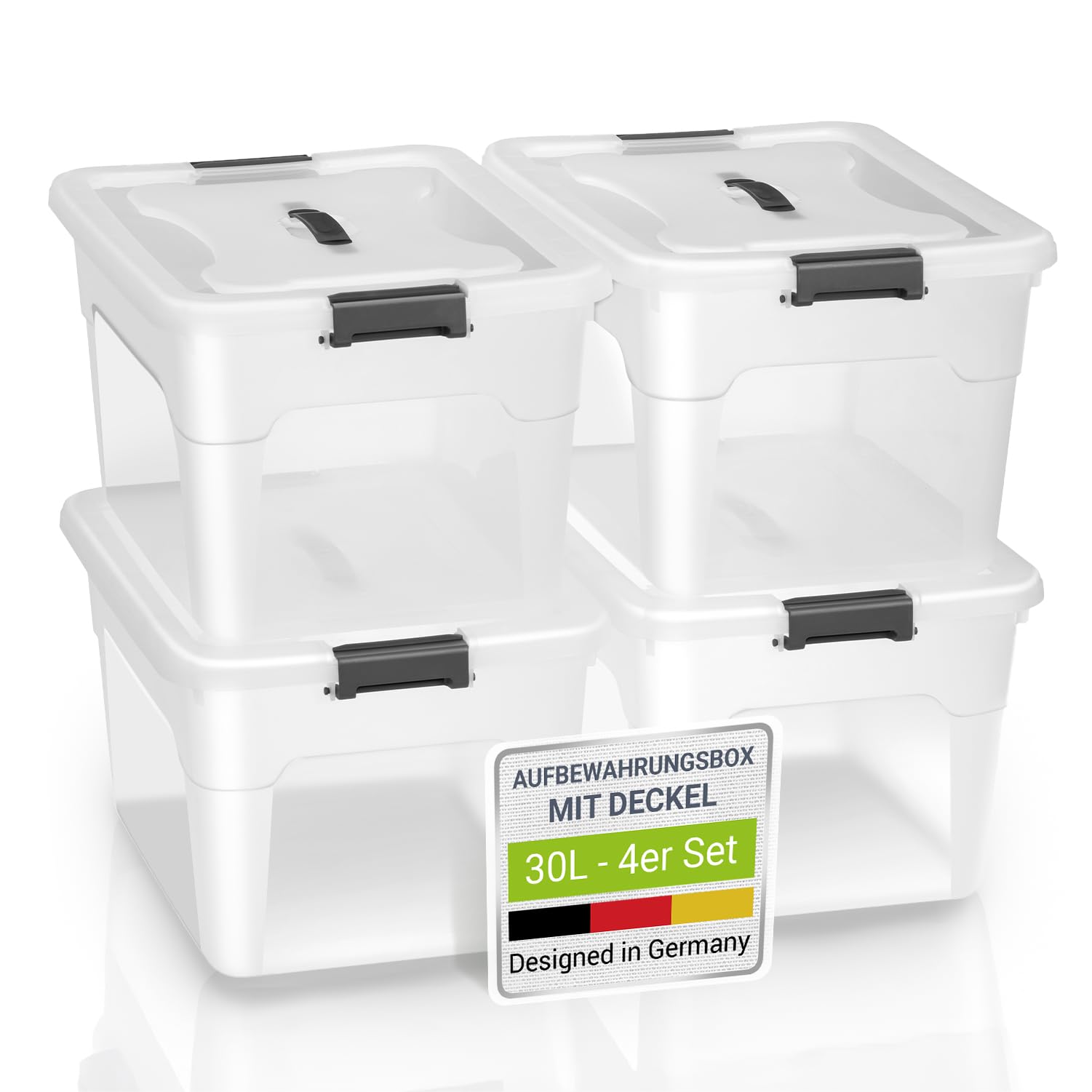 Juskys Aufbewahrungsbox mit Deckel - 4er Set Kunststoff Boxen 30l - Box groß, stapelbar, transparent - Aufbewahrung Ordnungssystem Aufbewahrungsboxen