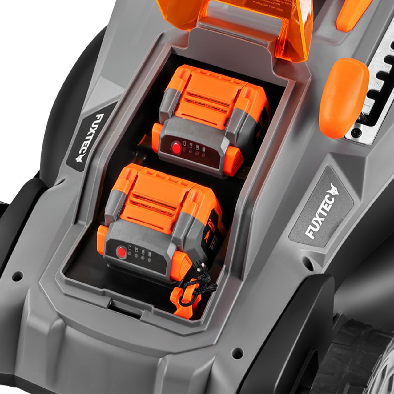 FUXTEC Cortacésped Inalámbrico 40V (2x20V) E2RM37 - Kit de Baterías y Cargador Incluido - Ancho de Corte 37cm, Altura de Corte Ajustable, Cortacésped con Batería, Sin Cables