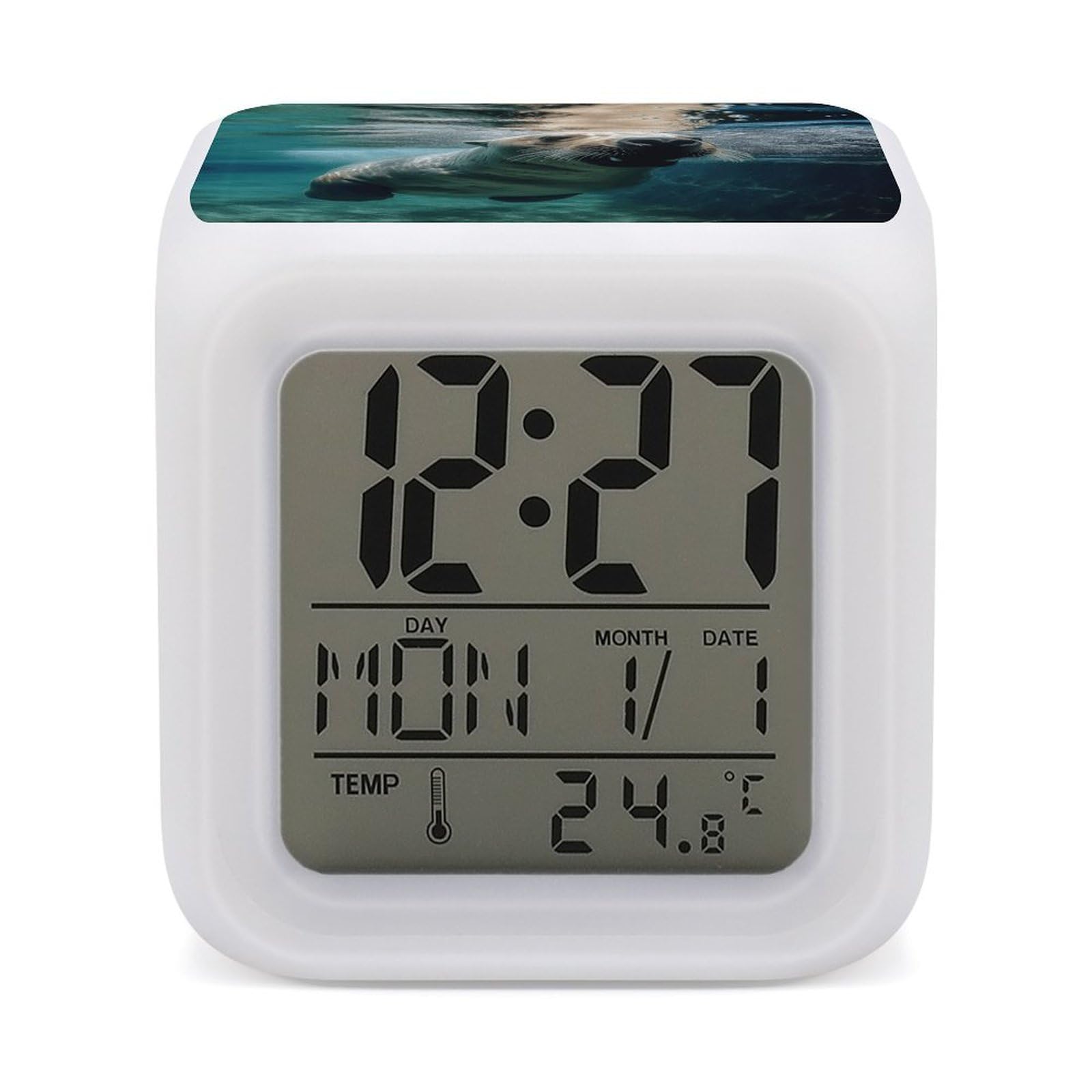 Reloj despertador de león marino para evitar quedarse dormido con luces LED cambiantes y hora