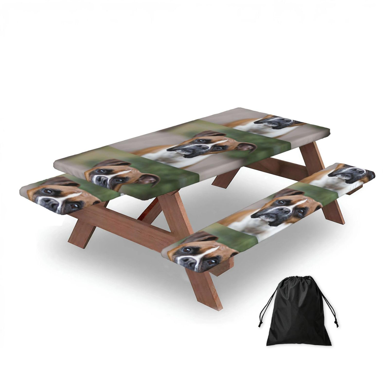 Dopklna As Picture Boxer Dog, Picnic Table Cover With Bench Covers -Waterproof Elastic Fitted Tablecloth For Garden Camping Patio 76X152cm