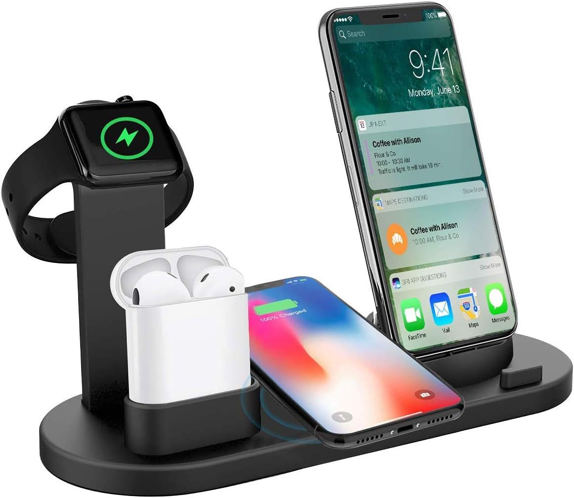 Systene 4 in 1 Wireless Charger Charging Stand Docking Station for iPhone, Type-c, Micro USB, Stand for Apple Watch Charging Dock,for AirPods - Black