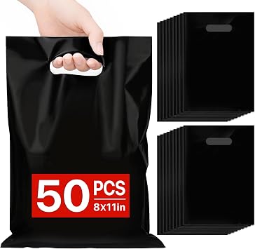 ANZNKU 50PCS Black Party Favor Gift Bags 8"x11", Plastic Goodie Bag Bulk