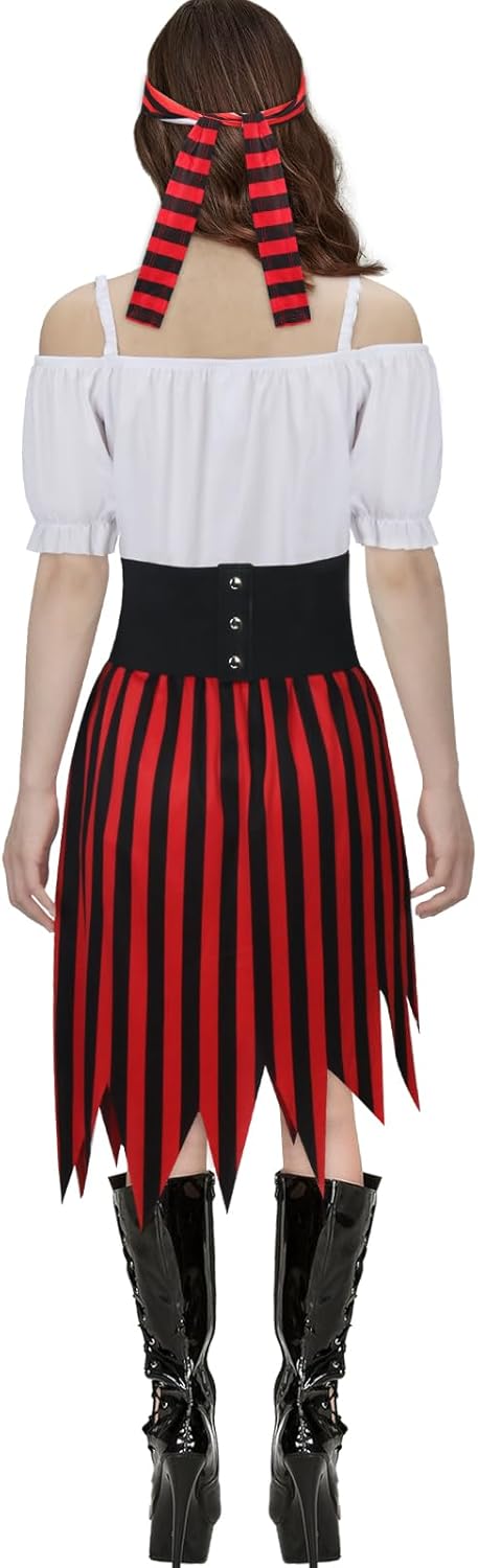 5 pcs Women Pirate Costume Cosplay Renaissance Blouse Top Corset Waist Belt Skirt Stripes Headscarf Eye Patch Outfit - Image 2