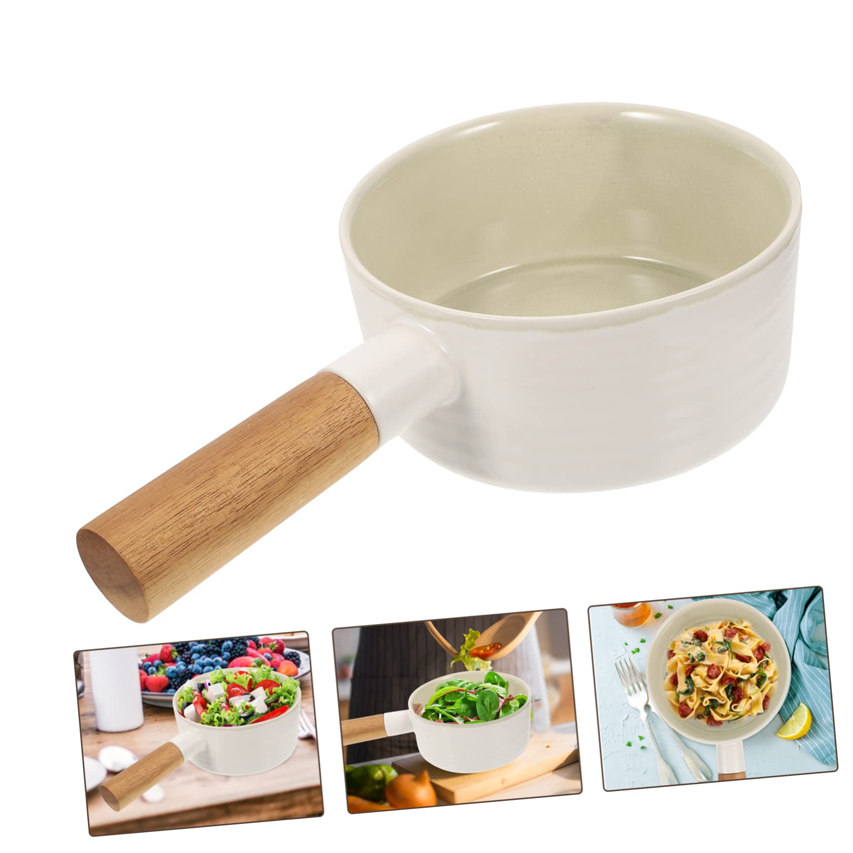 Cabilock Tazón de Sopa Grande de Cerámica Asa de Madera Anti-escaldaduras para Servir Ensaladas o Postres Cocina o Mesa Familiar de Cerámica