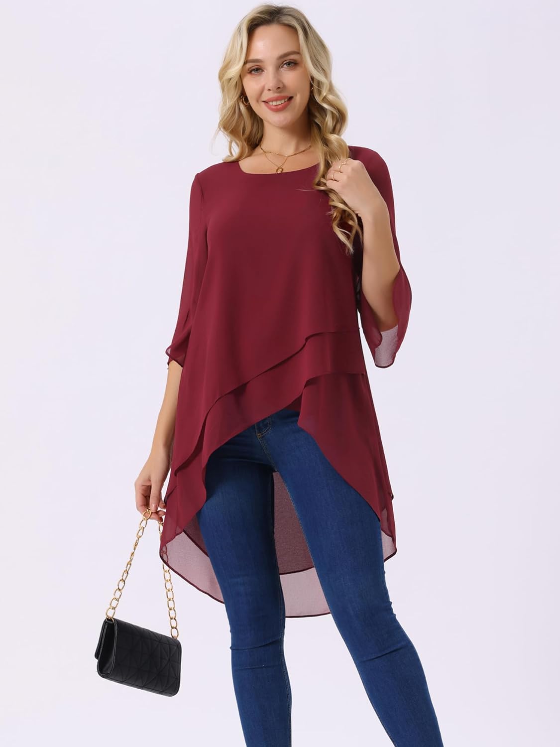 Seta T Women's High Low Tops Scoop Neck Chiffon Blouse Asymmetrical Loose Shirt 3/4 Sleeve Casual Summer Tops - Image 5