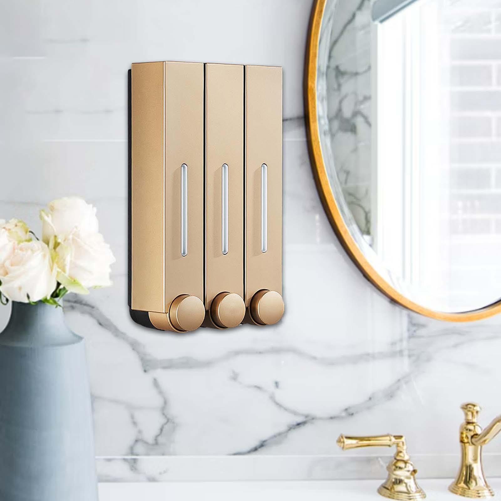 Gralara Dispensador de Jabón Líquido para Montaje en Pared, Dispensador de Champú con Control Manual, Ahorro de Espacio, Duradero, Elegante, Dorado para Ducha, Tres Cabezas, Individual
