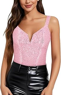 Women's Sexy Sequin Corset Top Bodysuit Spaghetti Strap Bustier Top Spar...