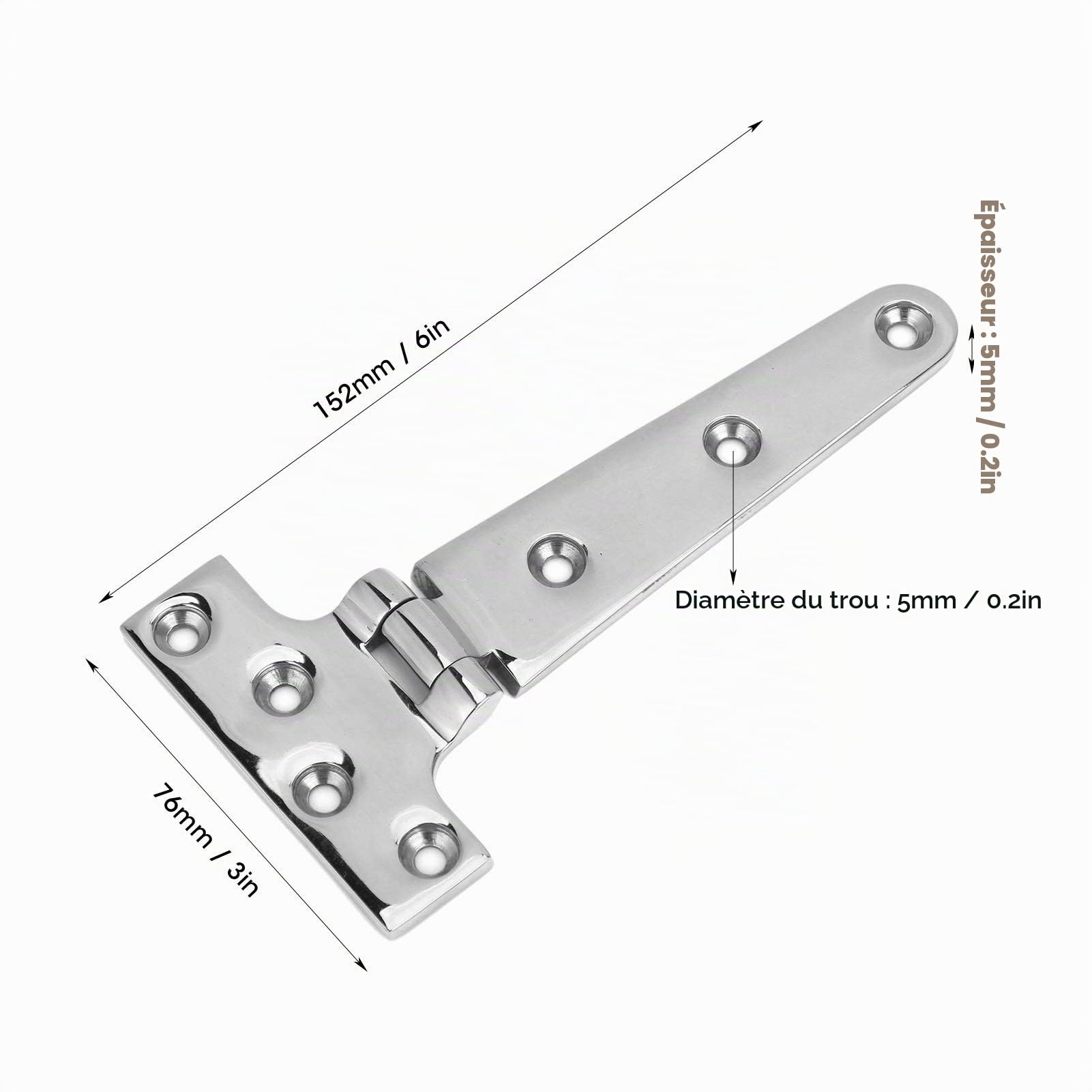Buachois 2 Pièces 152 * 76mm/6x3in Charnière en Forme de T en Acier Inoxydable 316 Robuste Universel Yacht Bateau de Pêche Hors-Bord Marine Longue Charnière Quincaillerie Accessoires