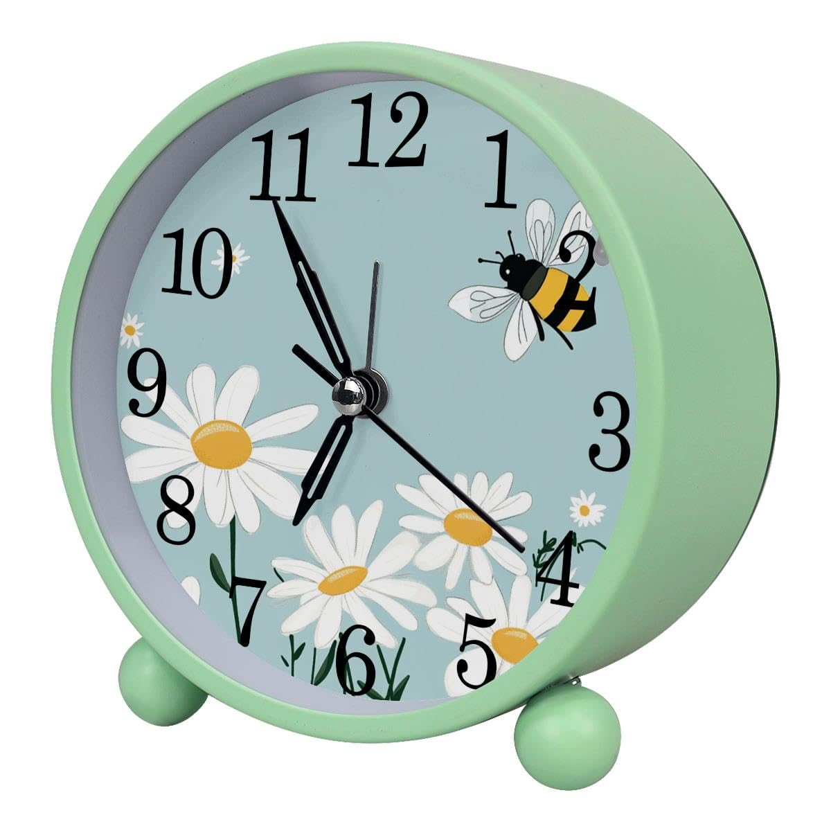 Luoweisi Alarm Clock Bee Daisy, Silent Non-Ticking with Night Light, Round Metal Alarm Clock for Office, Battery Operated, Bedroom, Elderly, Adults, Children, Student Gifts