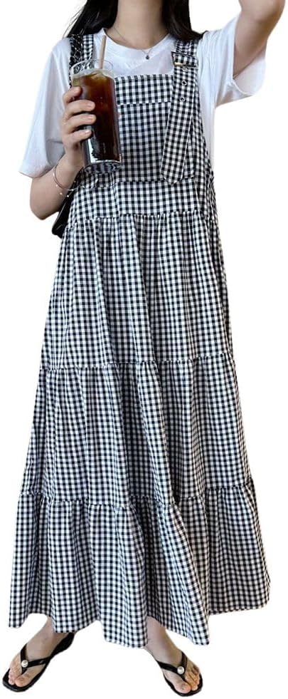 chouyatou Women's Retro Plaid Suspender Maxi Dress Sleeveless Ruffle Tiered Overall Jumper Long Dress