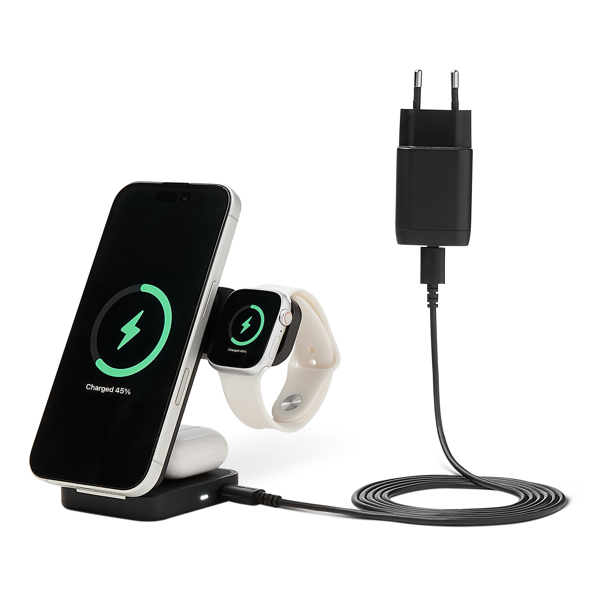 Amazon Basics, Stazione di ricarica wireless 3 in 1 con certificazione Qi2.2 da 25W supporto pieghevole compatibile MagSafe per iPhone 17/16/15/14/13/12,Apple Watch,AirPods,con adattatore da 45 W,Nero