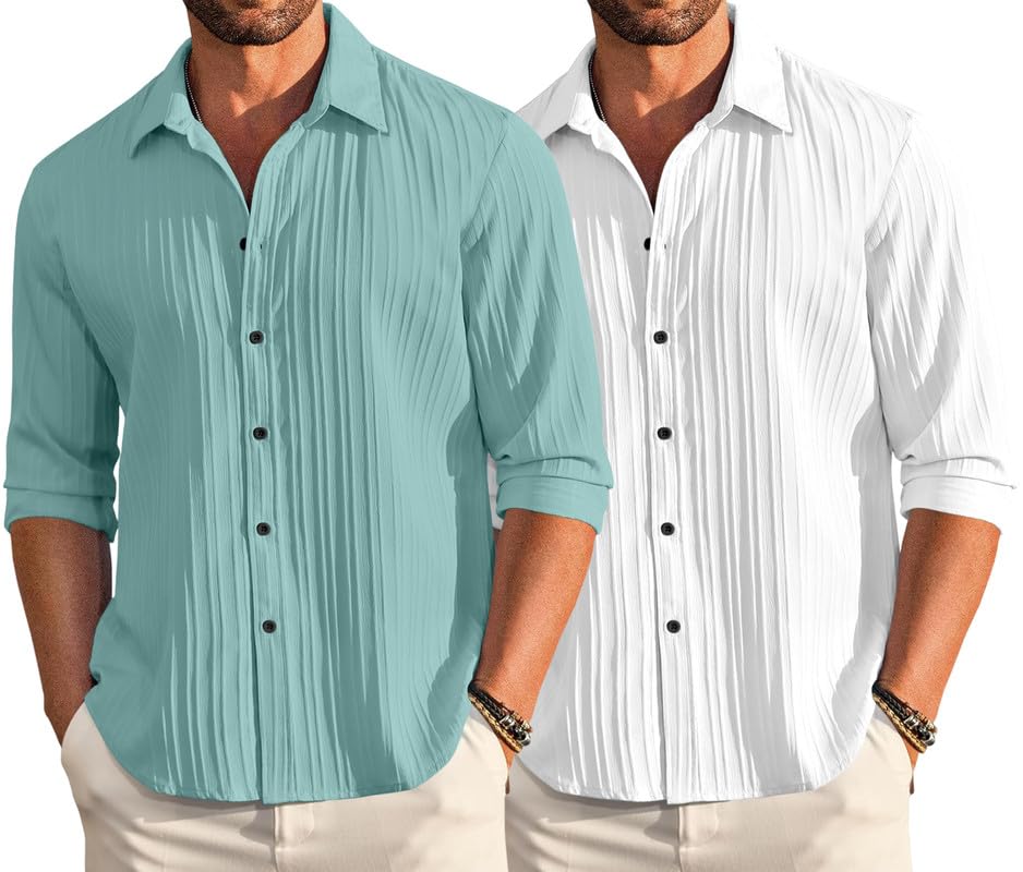 Image of FINIVO FASHION Men's Cotton Blend Shirt Set Lightweight, Full Sleeves, Plain Texture, Button Closure, Summer Ready (Pack of 2)