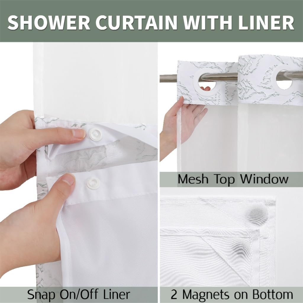 No Hooks Sage Green Boho Farmhouse Cloth Fabric Shower Curtain, 3D Textured Branch Leaves Minimalist Modern Shower Curtain with Snap-in Liner & See Through Window Sets, 72x72 inches