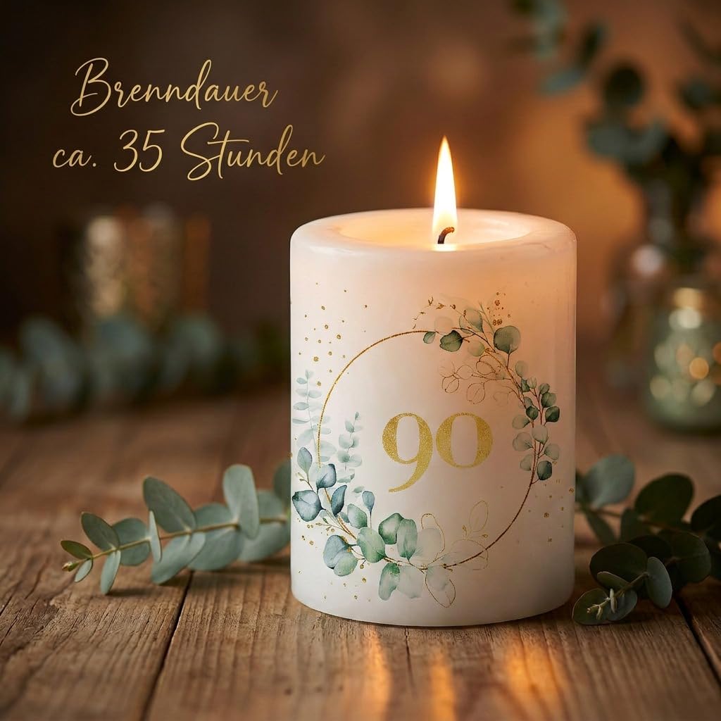 Kerze 90 Jahre als Tischdeko oder Geschenk für Geburtstag und goldene Hochzeit. Kerze mit Motiv als originelle Deko Ø8 x Höhe 7,5cm Küche, Haushalt & Wohnen