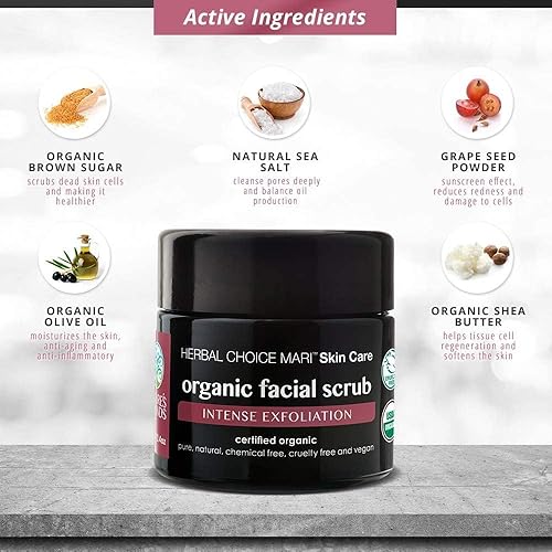 Miniatura 4 de Herbal Choice Mari exfoliante facial orgánico (tarro de vidrio de 3.4 onzas líquidas) – Lavado facial intenso con azúcar morena, sal marina, manteca