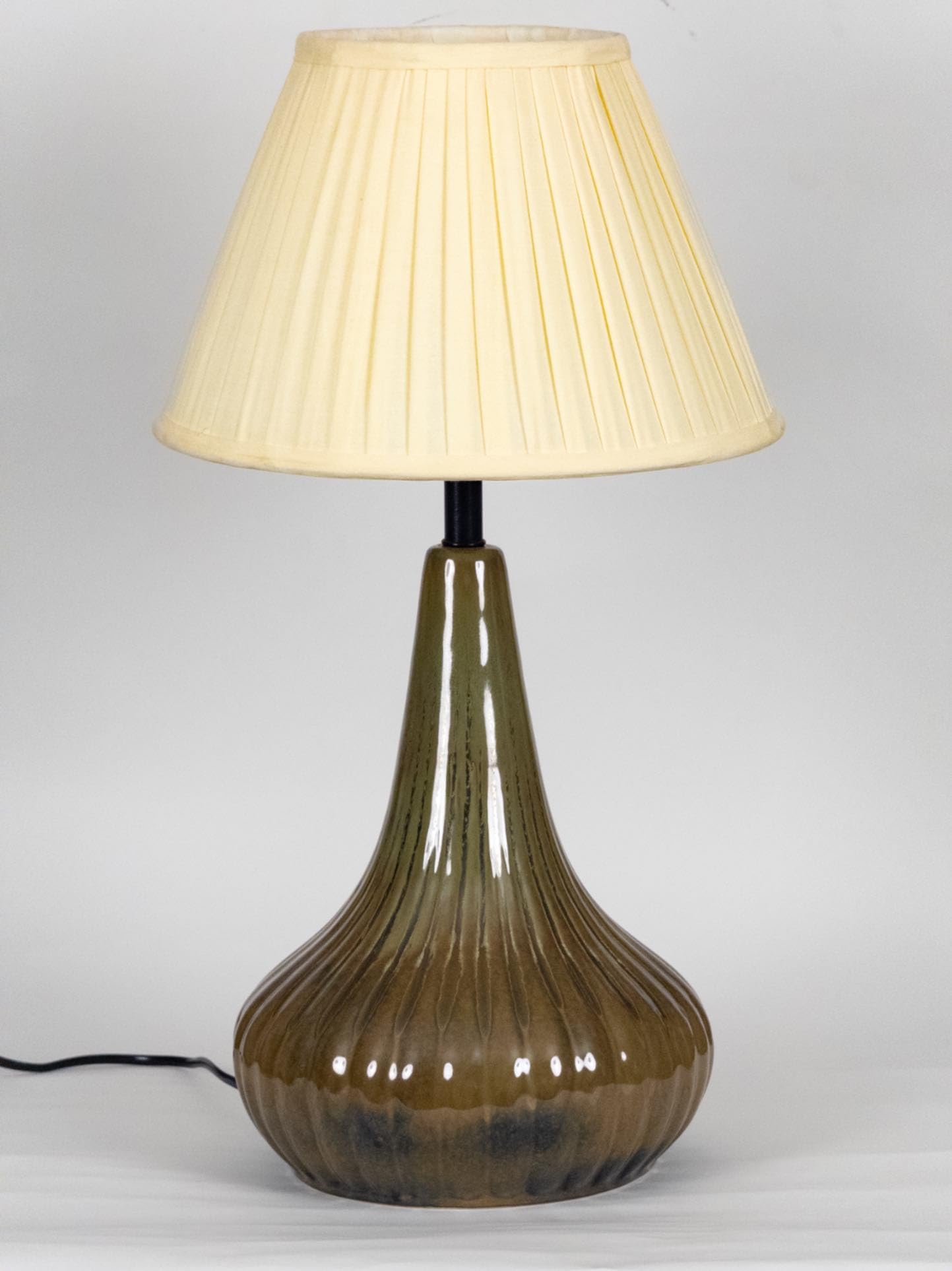 Ribbed Glass Table Lamp with Pleated Shade, Olive Green Base, Modern Contemporary Design, Warm White Light, Corded Electric