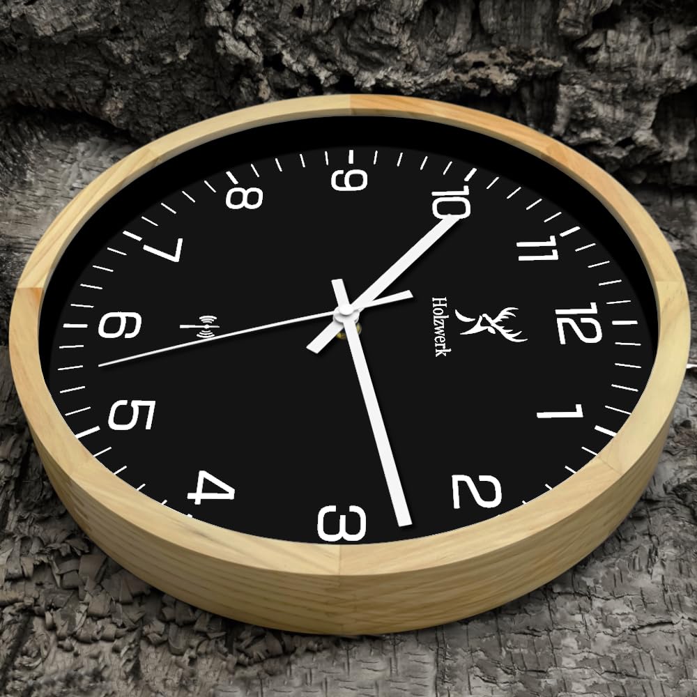 Holzwerk HILDBURG Funk Natur Holz Funkwanduhr Wanduhr Holz-Uhr Vintage Funkuhr lautloses Uhrwerk ohne Tickgeräusche Buche Braun Schwarz Weiß lautlos aus handgefertigtem Massivholz 30 cm