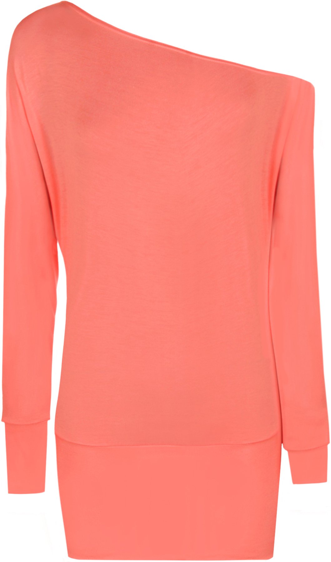 WearAll Ladies Plain Long Sleeved Batwing T-Shirt Womens Stretch Tunic Top - Coral - 18-20