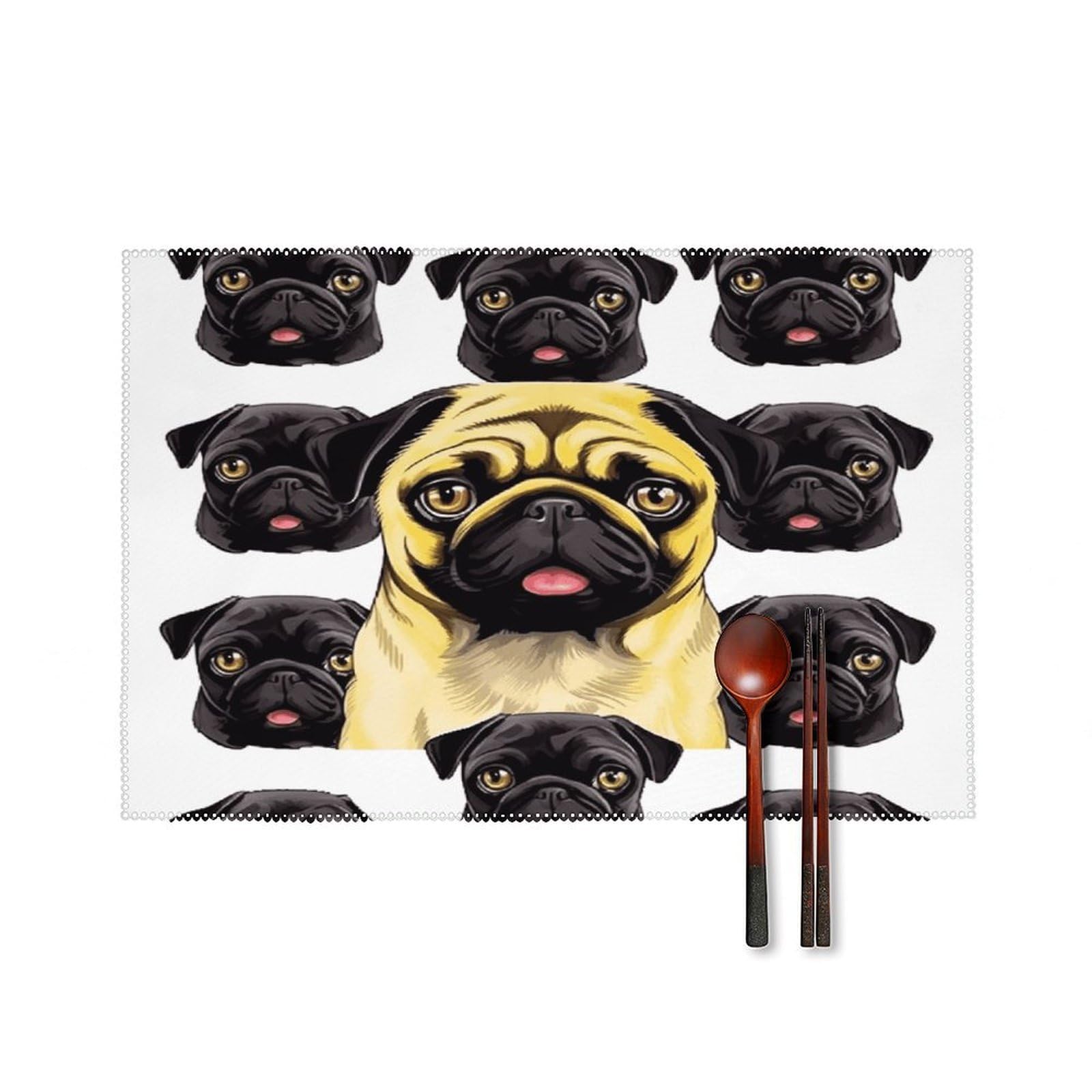 Black Yellow Pug Placemats Set of 4 Heat Resistant Non-Slip Place Mats for Dining Table Washable Placemat Wipeable Dining Table Mat Canvas Place Mats Dining Table Decor