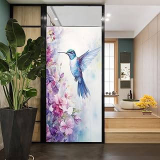 Gorgeous Hummingbird Window Privacy Film Vintage Watercolor Flowers Cute Animal Stained Glass Window Film Decorative Window Cling for Home Window&Glass Door, Sun Blocking 27.6Wx47.2L