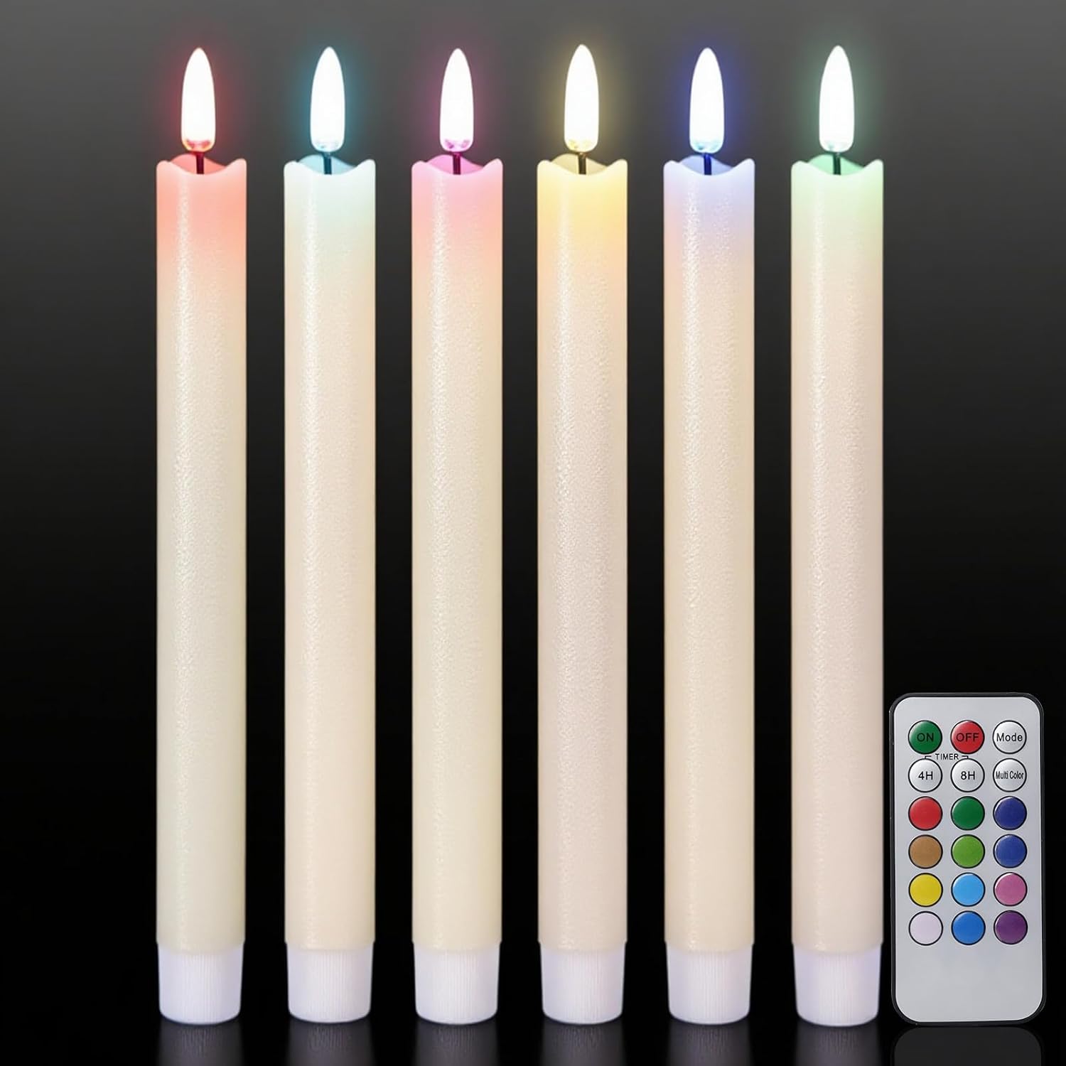 GenSwin Flameless Ivory Taper Candles Flickering with 10-Key Remote, Battery Operated Led Warm 3D Wick Light Window Candles Real Wax Pack of 6, Christmas Home Wedding Decor(0.78 X 9.64 Inch)