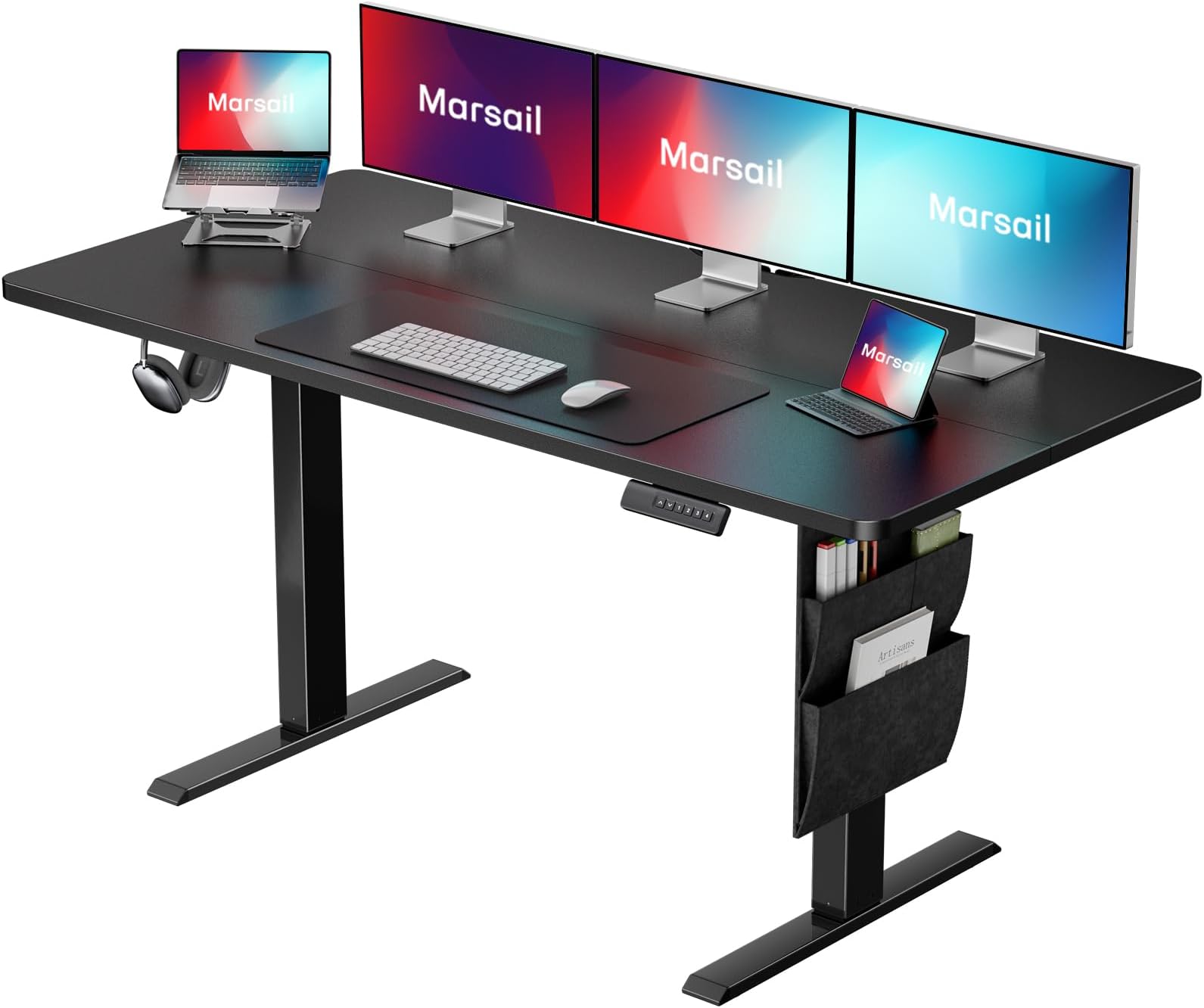 Marsail55"x24" Adjustable Height Standing Desk Table, Electric Workstation with Storage Bag & Headphone Hook, Stand Up Solution for Home Office, Study, Writing, and Work with 4 Memory Presets.