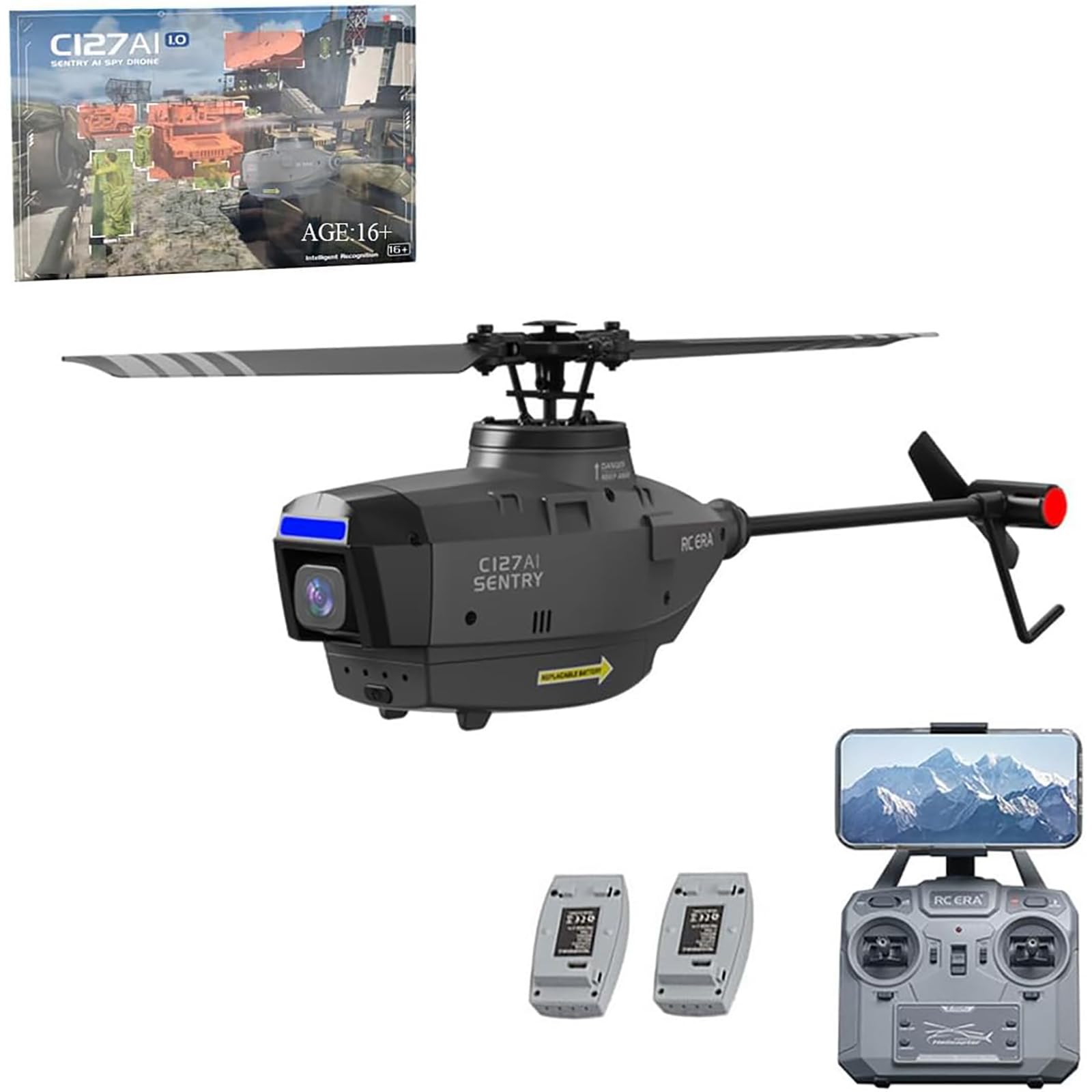 C127AI Scout RC Helicopter z kamerą 1080P, 2.4G 4CH zdalnie sterowany helikopter z 6-osiowym żyroskopem, jednym przyciskiem start/lądowanie, wewnątrz i na zewnątrz