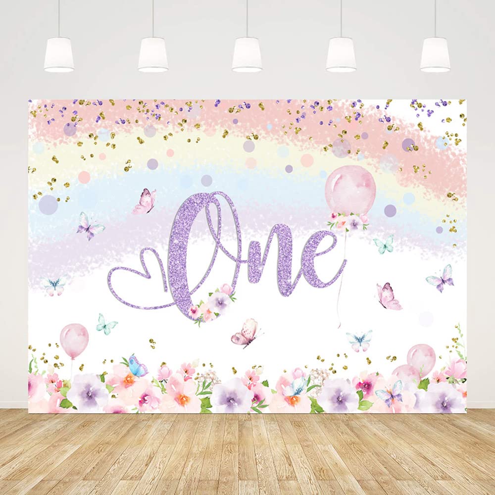 ABLIN 8x6ft Happy 1st Birthday Backdrop for Girl Princess Spring Colorful Flowers Butterfly Rainbow Photography Background Baby Girl 1st Birthday Decorations Banner Props