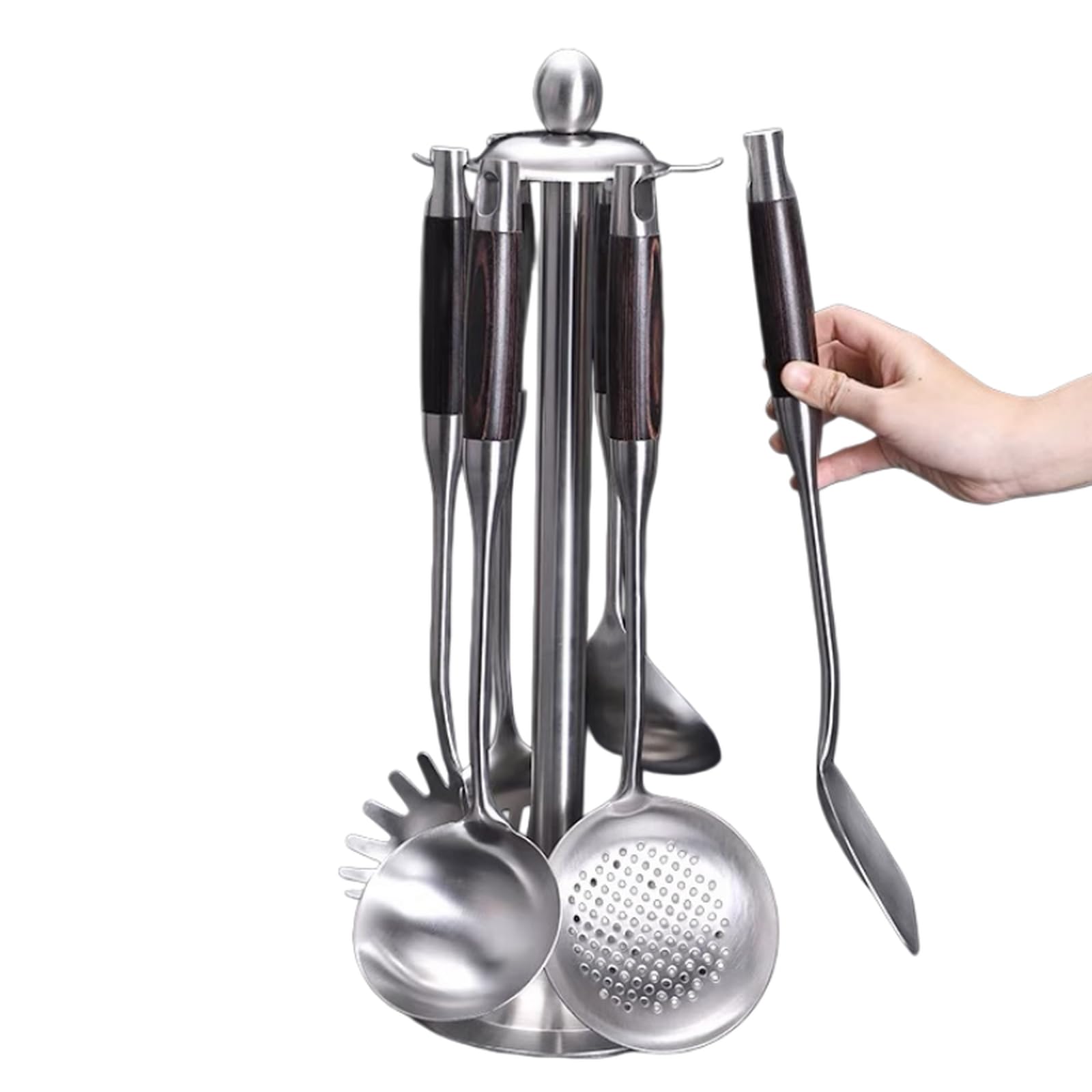 Juego de utensilios de cocina de acero inoxidable 316 con mango de sándalo rojo, espátula resistente, cucharón para sopa, espumadera, volteador, herramientas de cocina resistentes al calor.