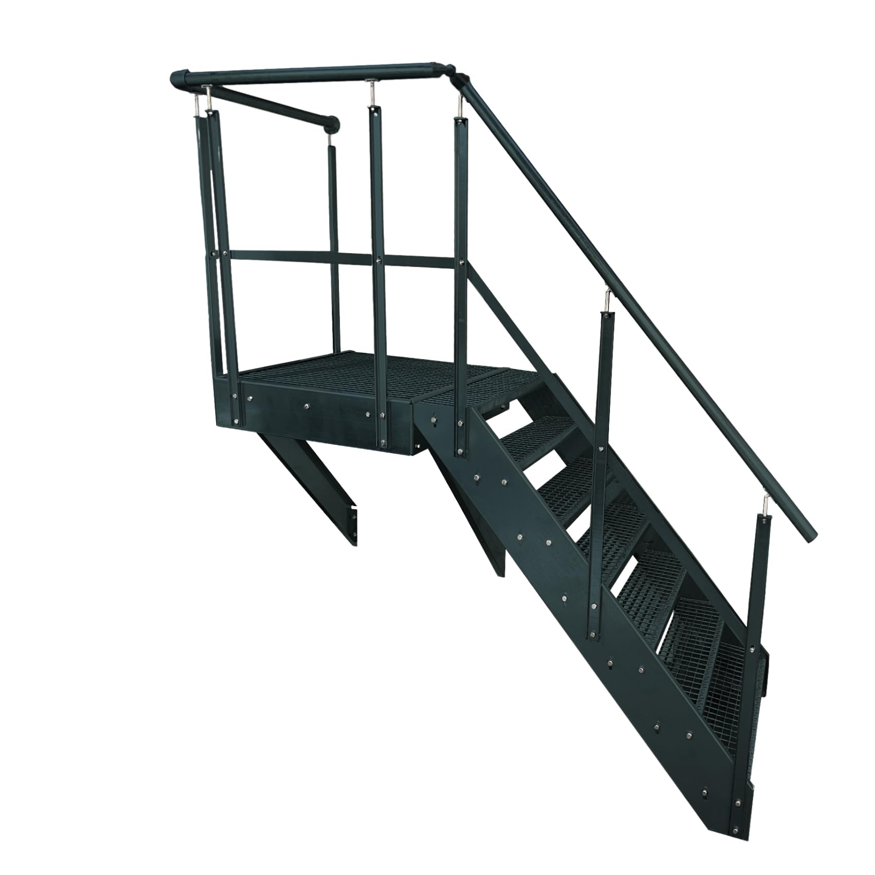 Schody podestowe, stalowe, antracytowe, 7 stopni, wysokość 133 cm, łącznie z podestem 100 x 100 cm, z balustradą, orientacją schodów policzkowych do wyboru w lewo/w prawo lub z przodu (orientacja