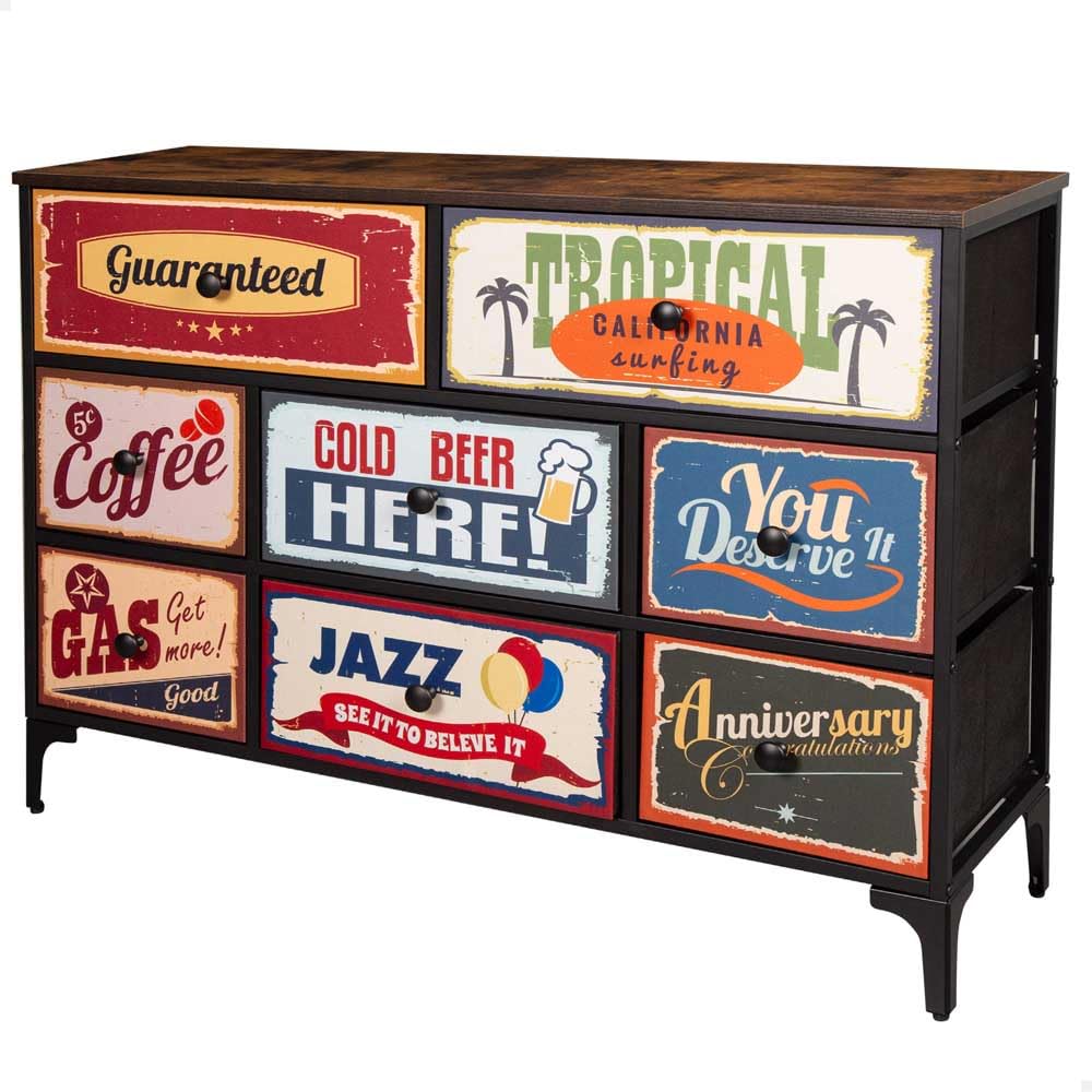 AKTIVE Max Home Comò multiuso per la camera da letto, grafica retrò e vintage, 11 cassetti in tessuto leggero, 103x30x98 cm, Struttura in acciaio, Piano in legno