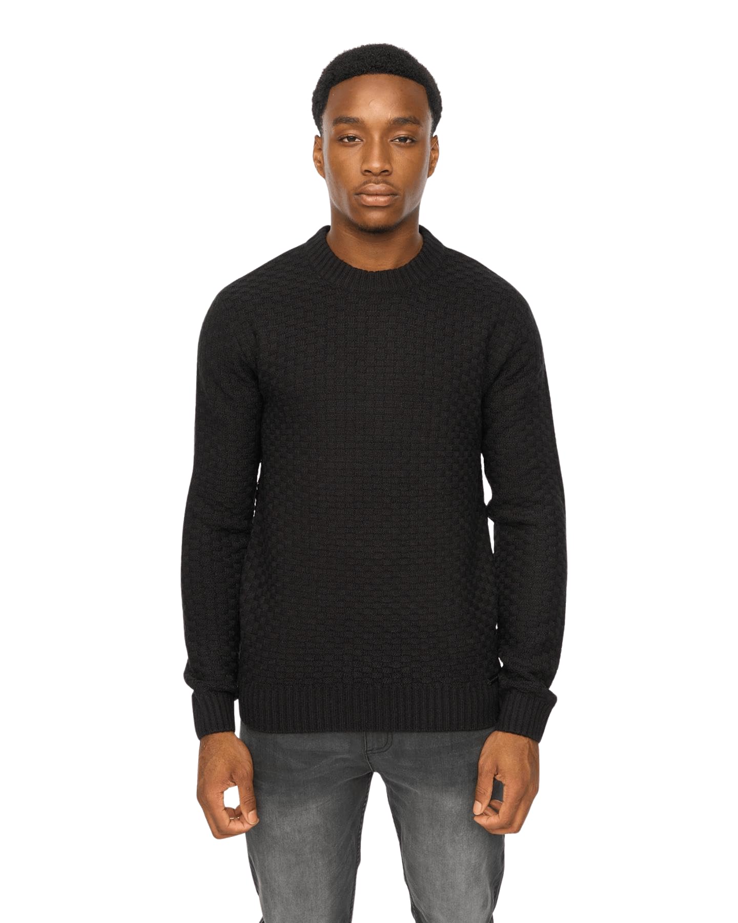 Duck And Cover Men's Matera / Black - Crew Knit Jumper - Textured Acrylic Blanket Weave Sweatshirt - Classic Crew Neck Pullover
