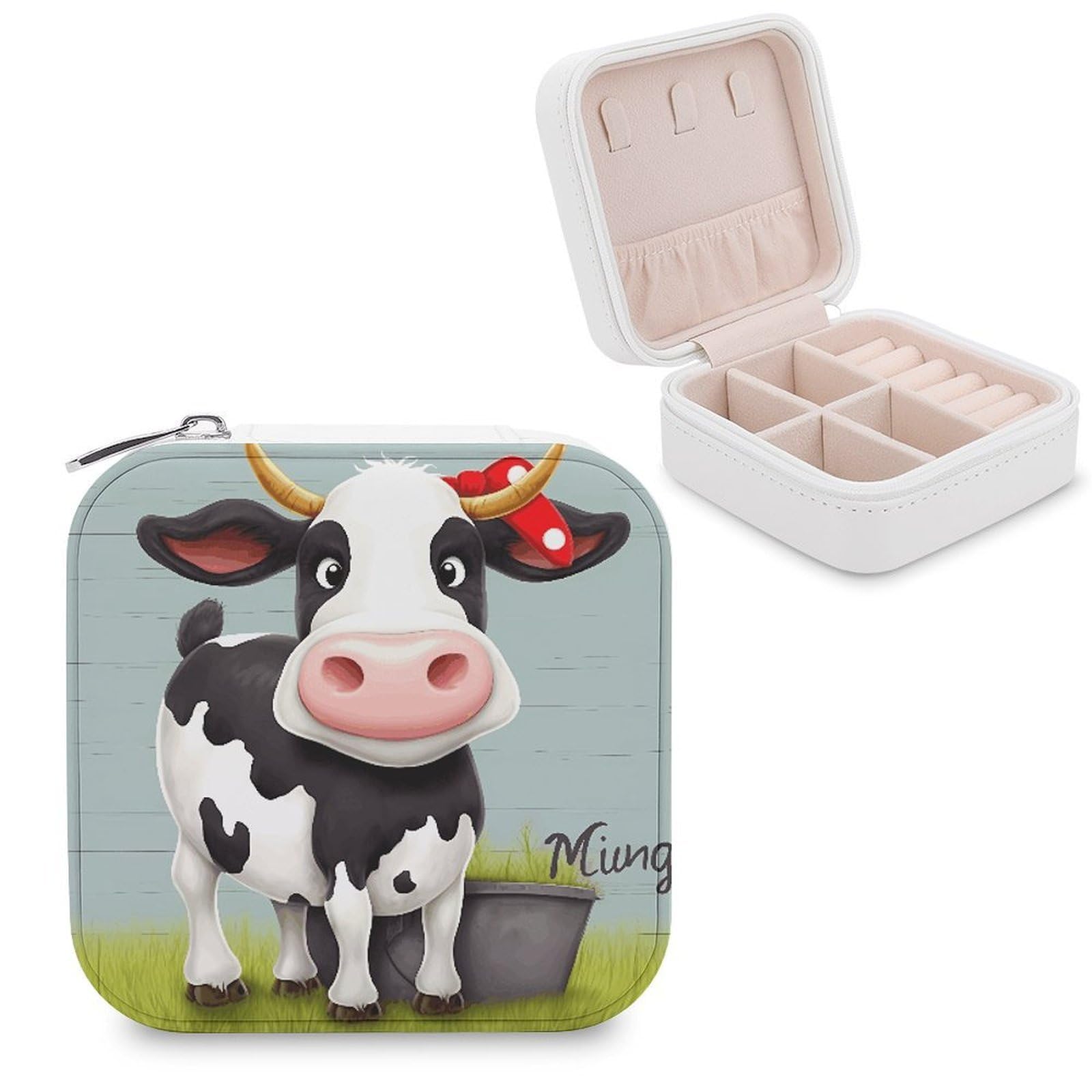 LZQPOEAS Cute Cow Jewelry Box Mini Jewelry Travel Case Trendy Stuff Ring Box Custom PU Leather Jewelry Boxes Portable Jewelry Case Earring Storage Organizer for Girls Women