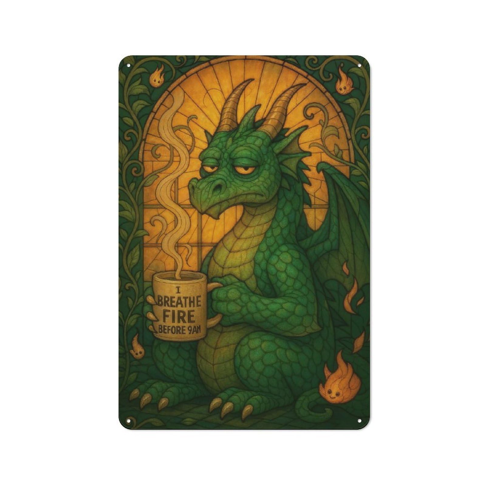 Junmoney Stained Glass Coffee Dragon Tin Wall Plaque 30X20cm With For Garage Or Workshop, For An Autumn Wall Display In Garage And Workshop