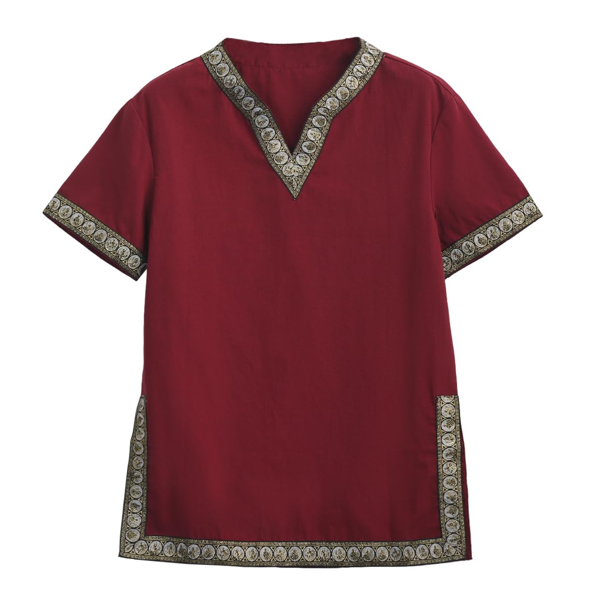 CAMDOM Boys Renaissance Viking Pirate V Neck Shirt Medieval Knight Costume Tops Red, 10-12 Years - Image 3