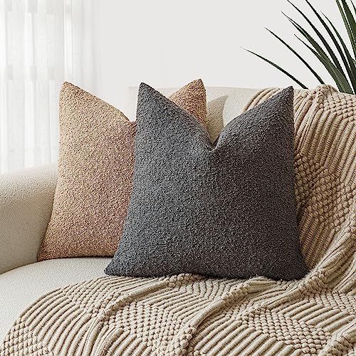 Image of Foindtower Set of 2, Decorative Textured Boucle Throw Pillow Covers Accent Solid Pillow Cases Neutral Soft Cozy Couch Cushion Case for Chair Sofa Bedroom Living Room Home Decor 24 x 24 Inch Dark Grey